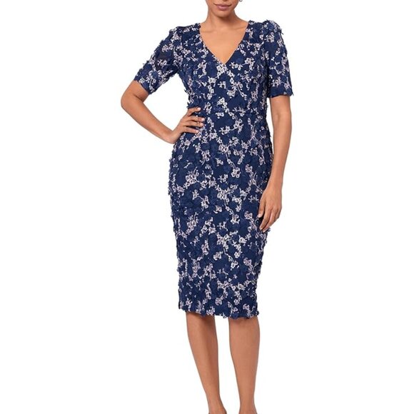 Xscape Navy Blue Blush Embroidered Floral Sheath Midi Dress - Picture 1 of 2